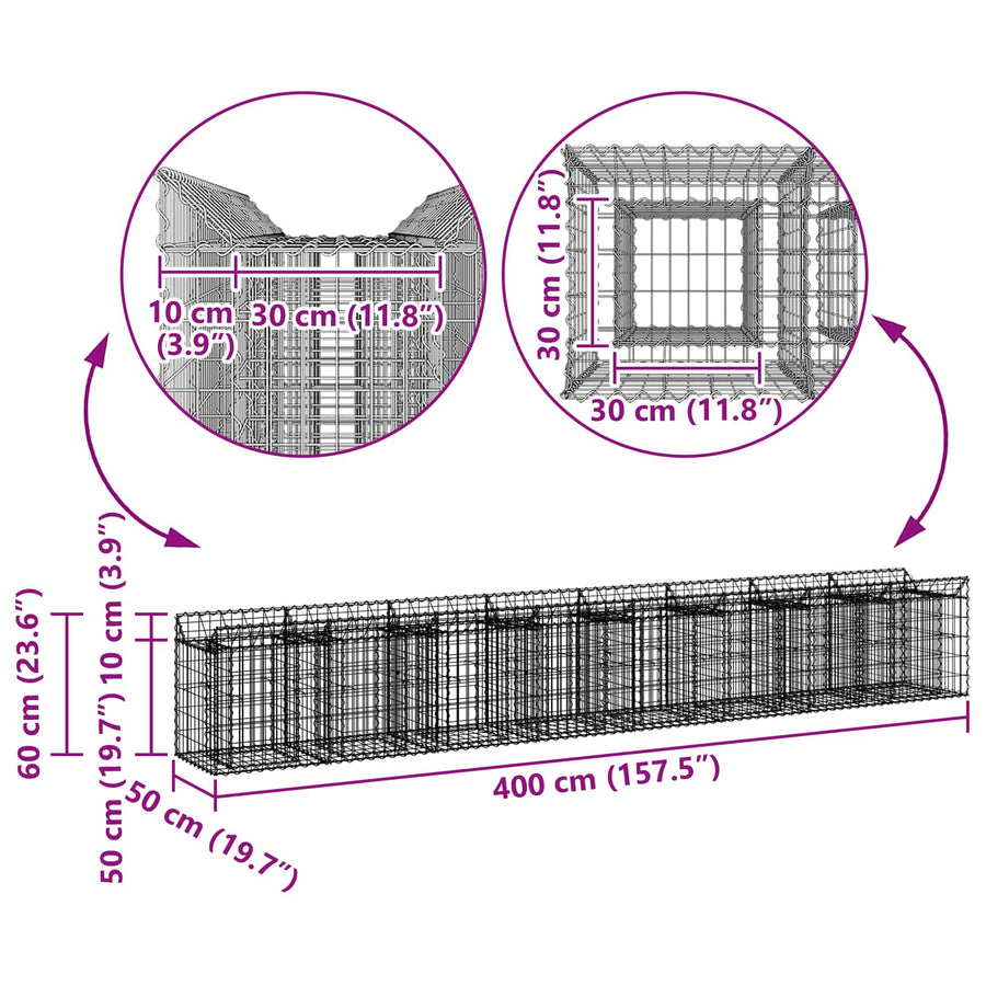 Gabion Verhoogd Bed 2 pcs Zilver 400 x 50 x 60 cm