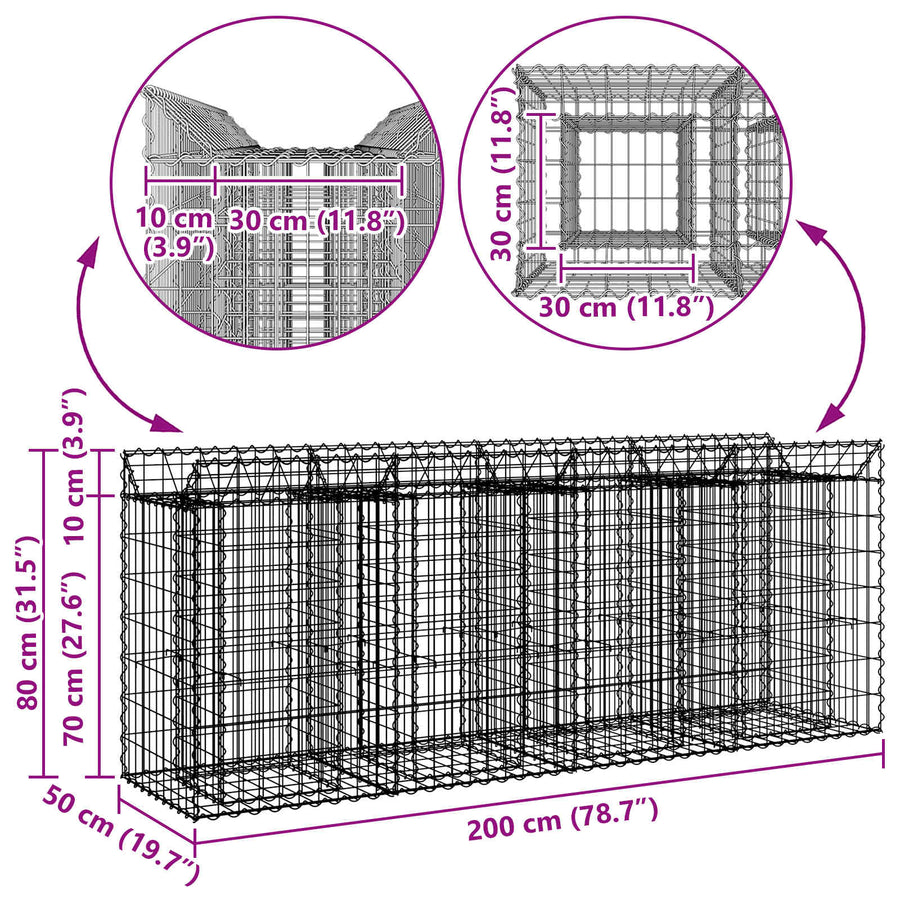 Gabion Verhoogd Bed 2 pcs Zilver 200 x 50 x 80 cm