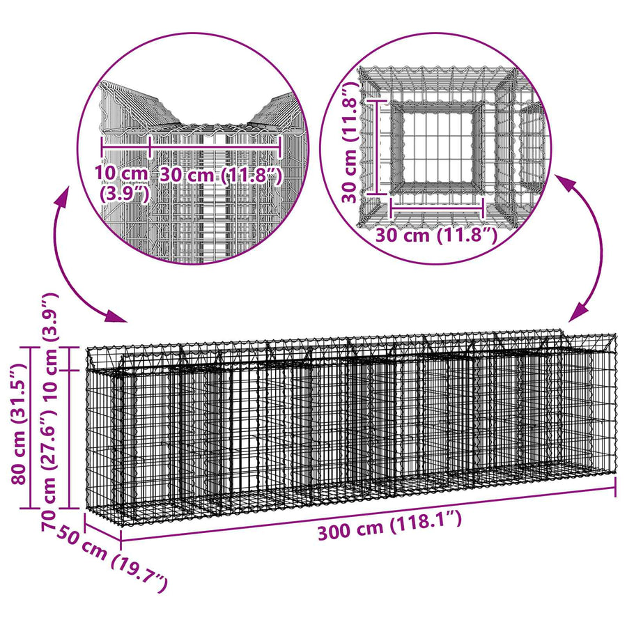 Gabion Verhoogd Bed 2 pcs Zilver 300 x 50 x 80 cm