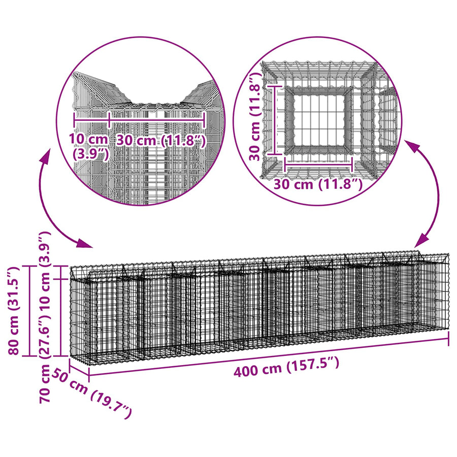 Gabion Verhoogd Bed 3 pcs Zilver 400 x 50 x 80 cm