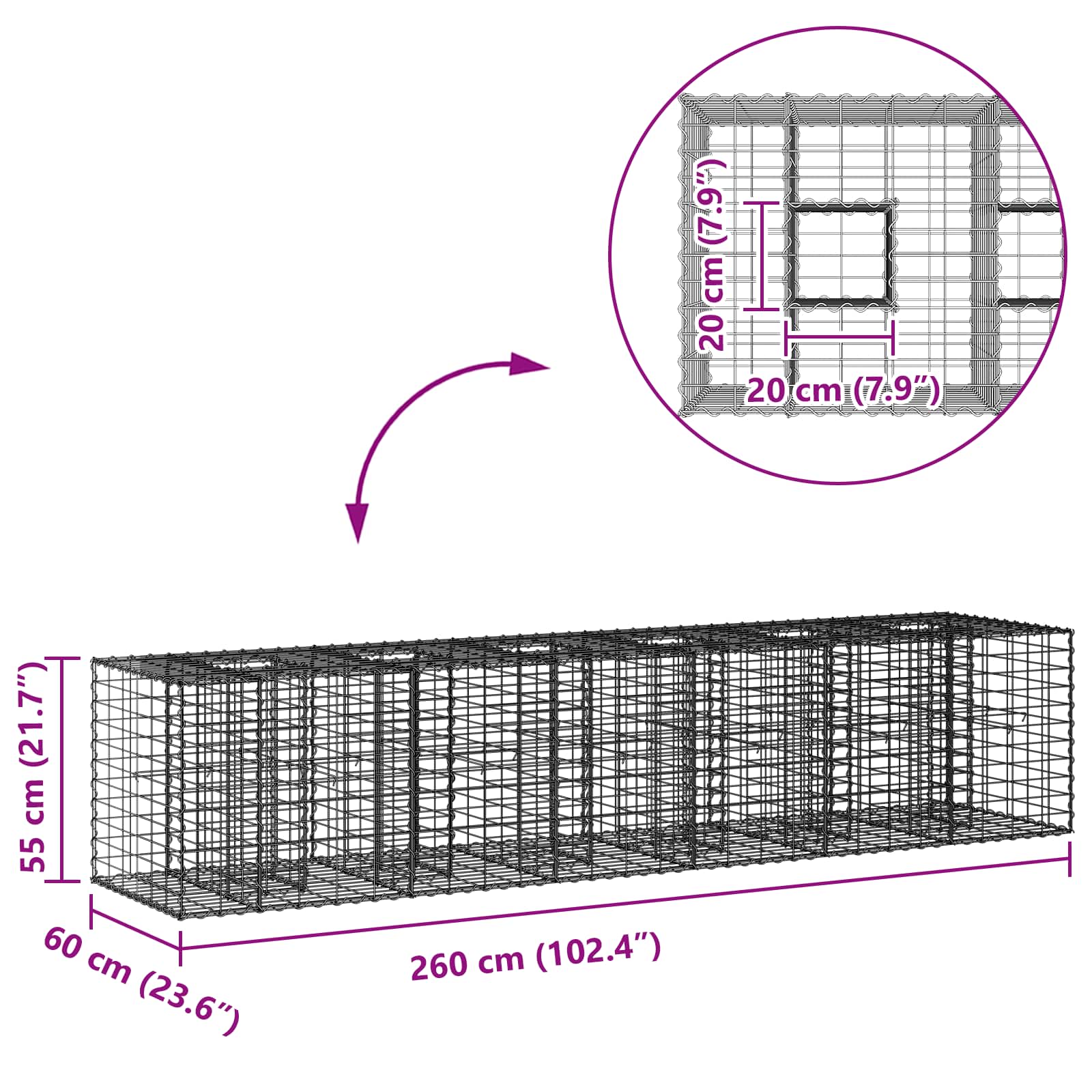 Gabion Verhoogd Bed 2 pcs Zilver 260 x 60 x 55 cm