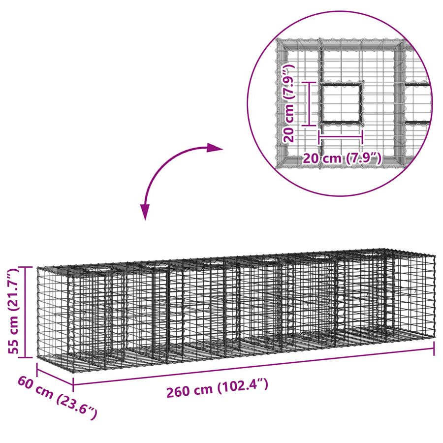 Gabion Verhoogd Bed 2 pcs Zilver 260 x 60 x 55 cm