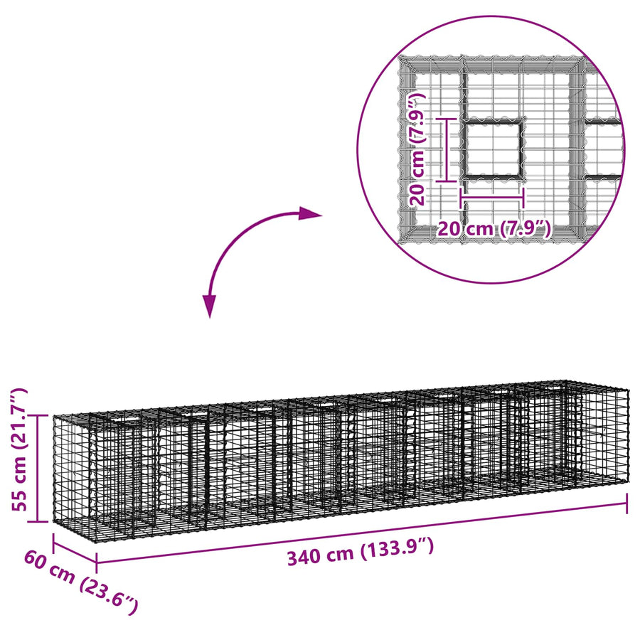 Gabion Verhoogd Bed 2 pcs Zilver 340 x 60 x 55 cm