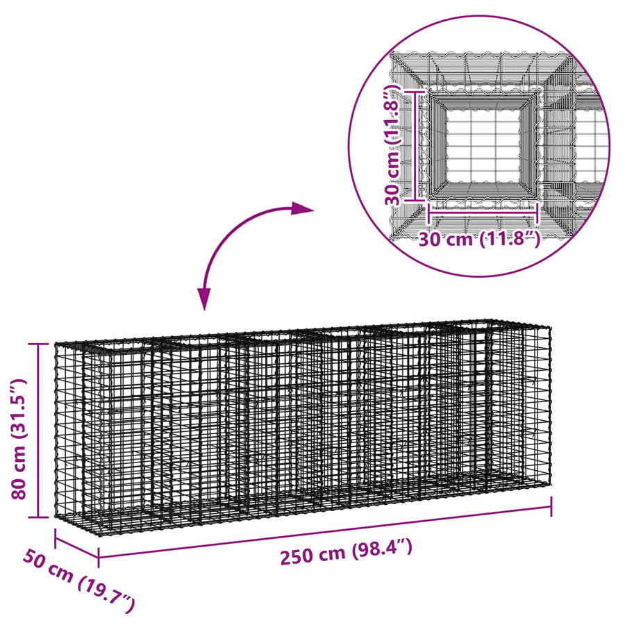 Gabion Verhoogd Bed 2 pcs Zilver 250 x 50 x 80 cm