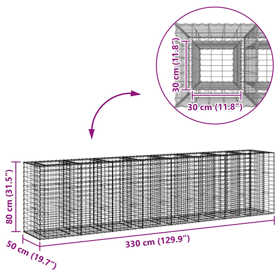 Gabion Verhoogd Bed 2 pcs Zilver 330 x 50 x 80 cm
