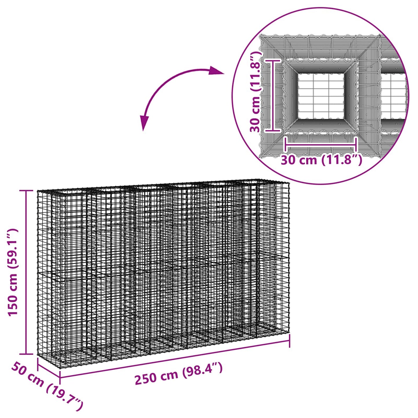 Gabion Verhoogd Bed 3 pcs Zilver 250 x 50 x 150 cm