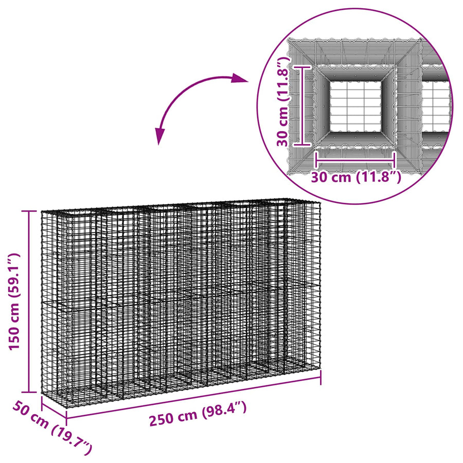 Gabion Verhoogd Bed 3 pcs Zilver 250 x 50 x 150 cm