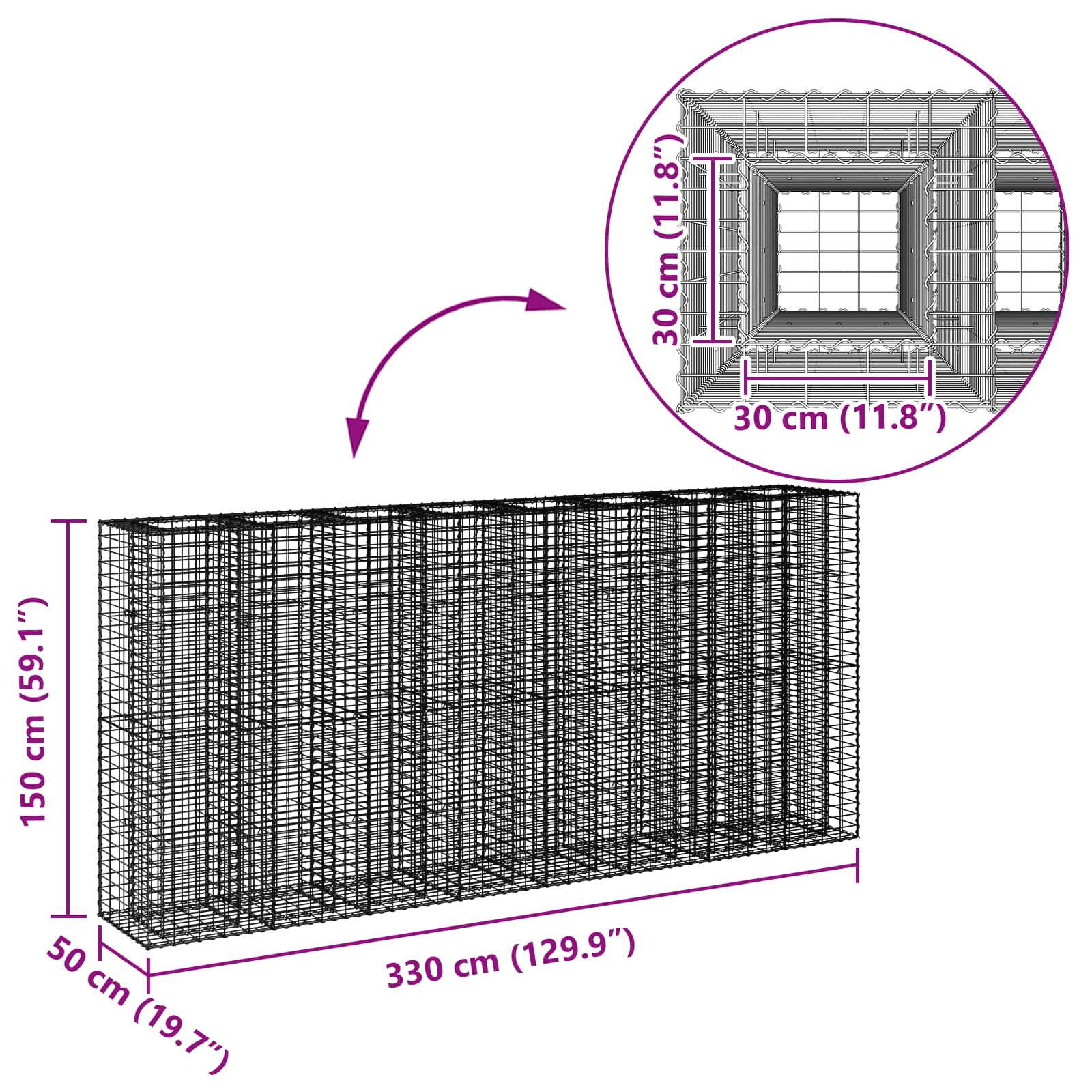 Gabion Verhoogd Bed 4 pcs Zilver 330 x 50 x 150 cm