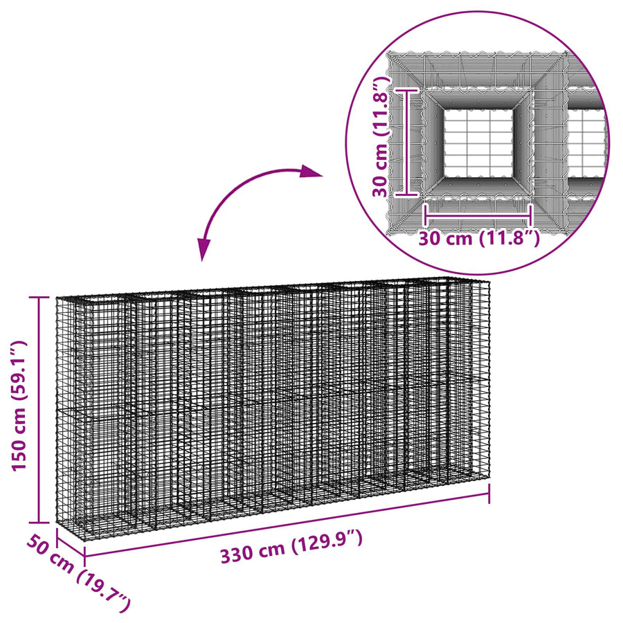 Gabion Verhoogd Bed 4 pcs Zilver 330 x 50 x 150 cm