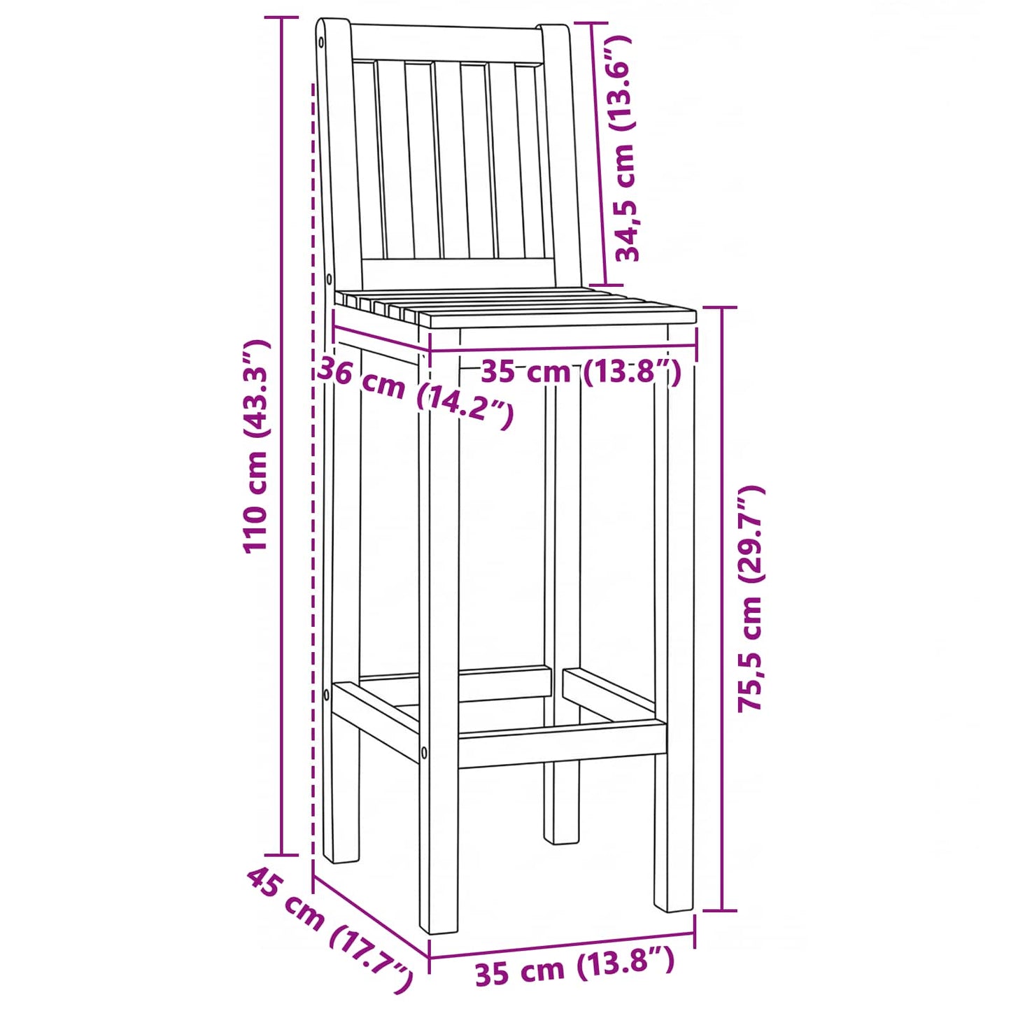 Barkruk 2 pcs Onbehandeld 35 x 45 x 110 cm Massief Teakhout