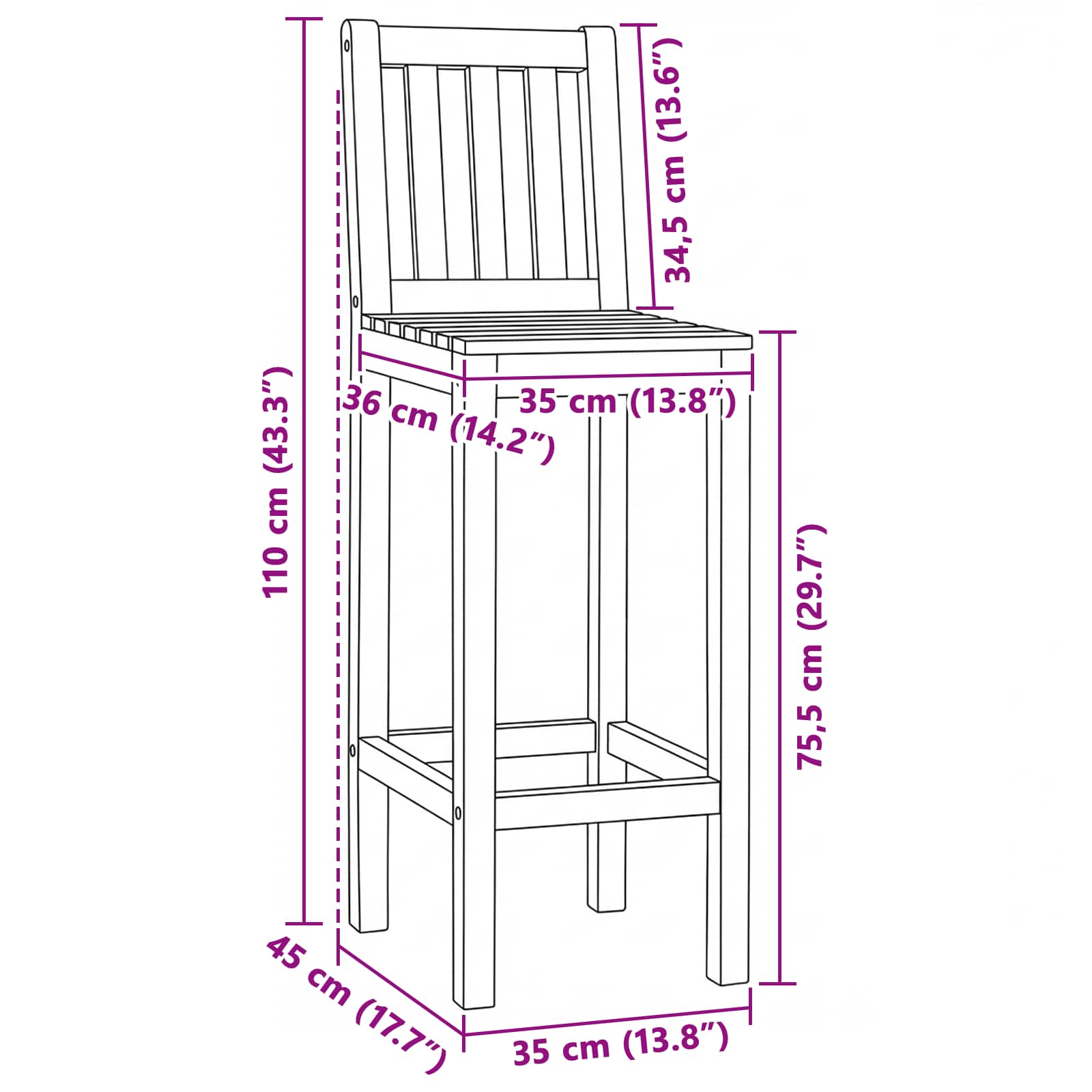 Barkruk 2 pcs Onbehandeld 35 x 45 x 110 cm Massief Teakhout