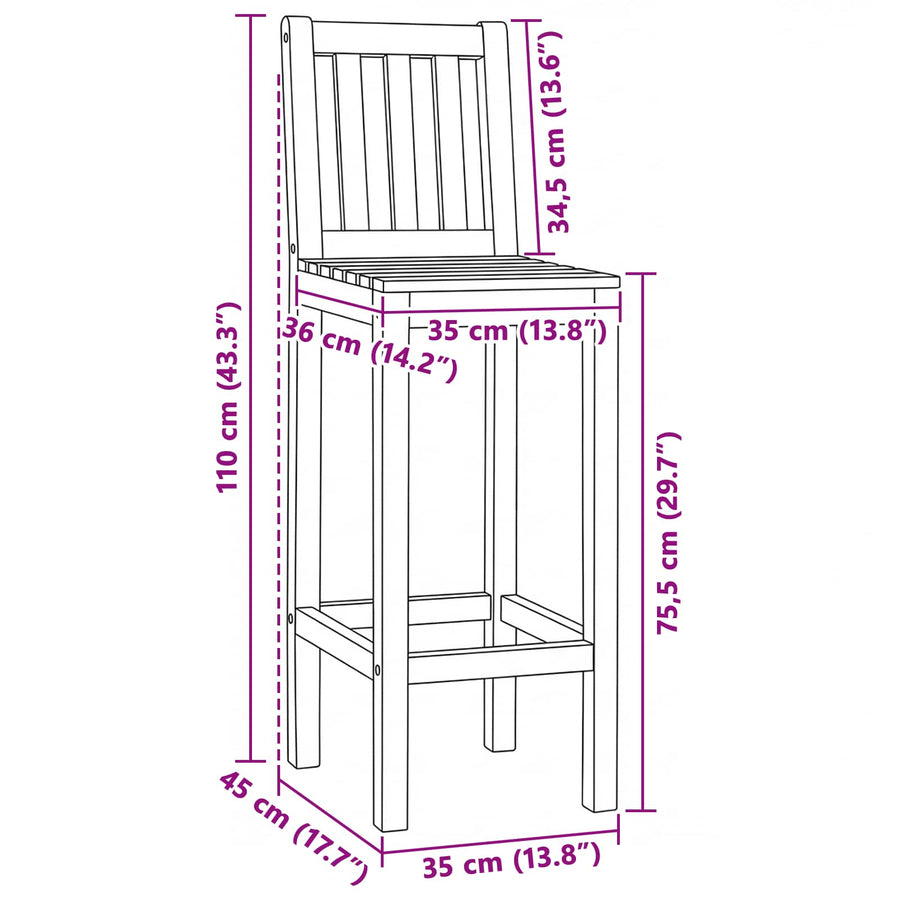 Barkruk 2 pcs Onbehandeld 35 x 45 x 110 cm Massief Teakhout