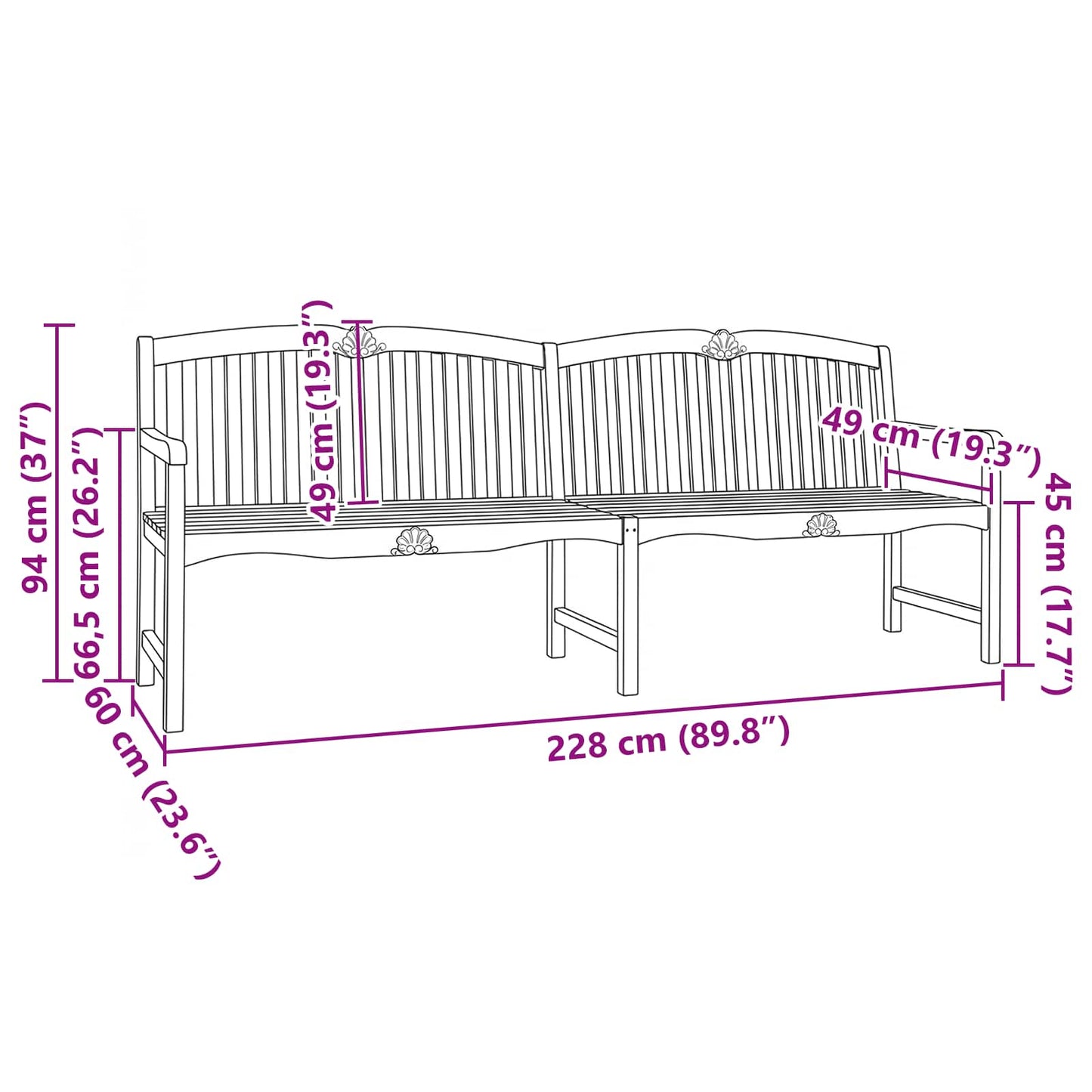 Handgemaakte Rozenbank Naturel 228 x 61 x 94,5 cm