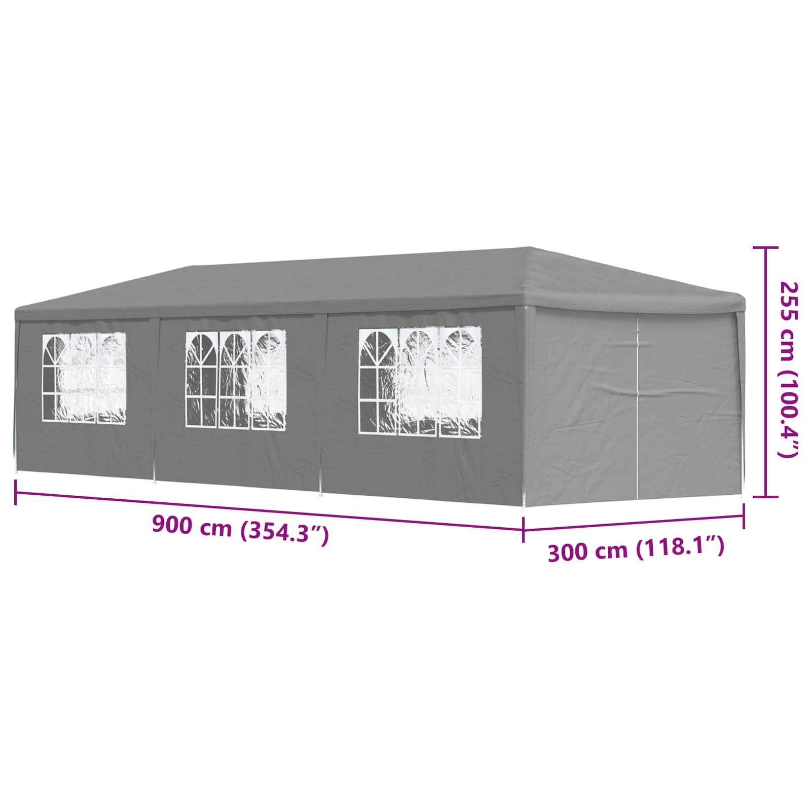 Partytent 900 x 300 x 255 cm Lichtgrijs PE en staal
