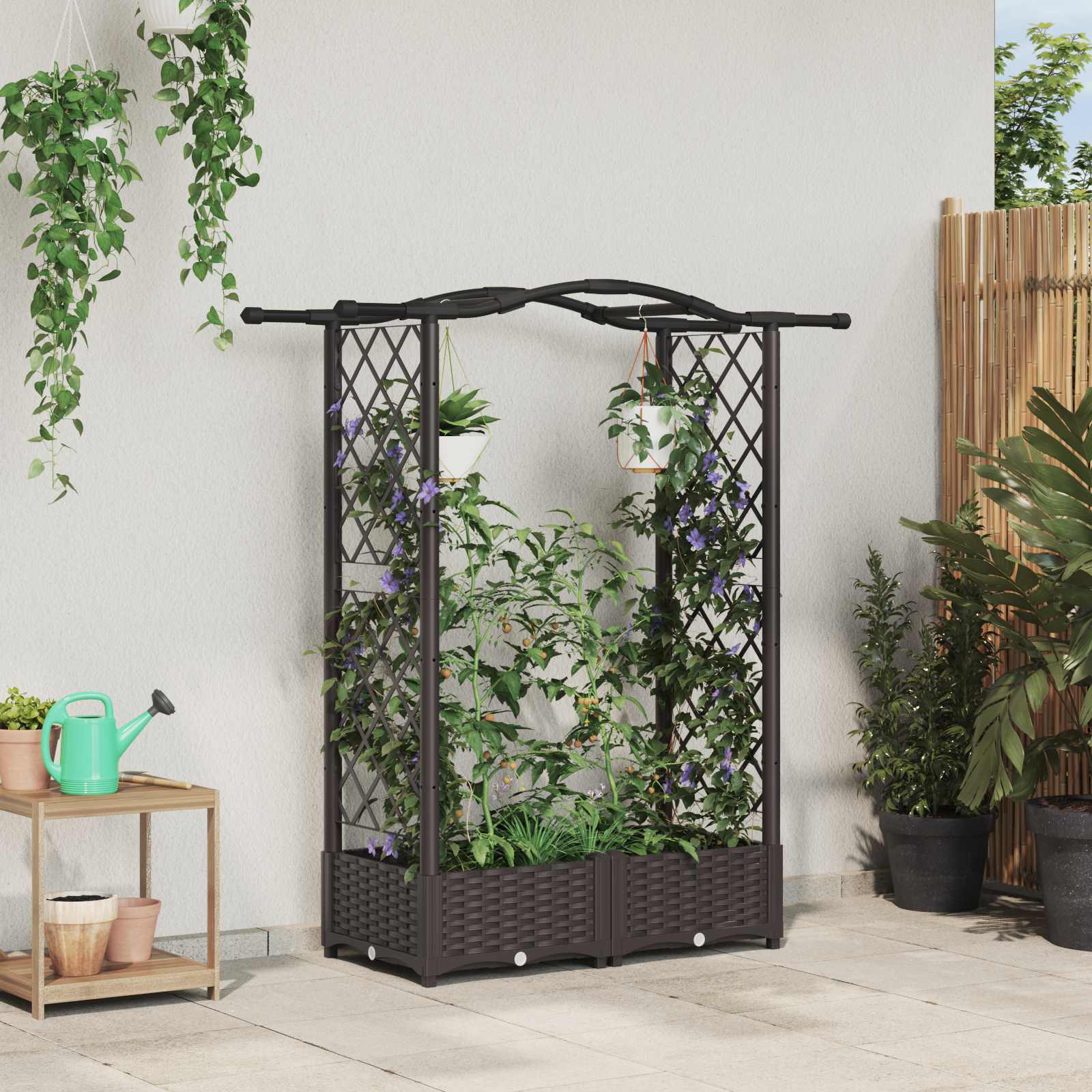 Verhoogd Bed met Trellis en Dak Bruin 124 x 40 x 125 cm PP