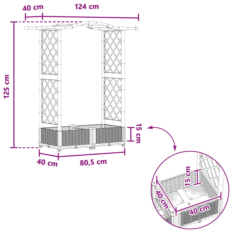Verhoogd Bed met Trellis en Dak Bruin 124 x 40 x 125 cm PP