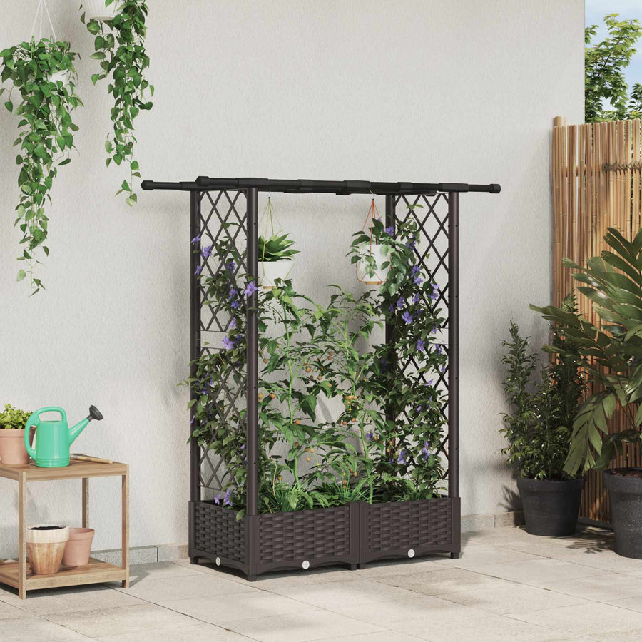 Verhoogd Bed met Trellis en Dak Bruin 122,5 x 40 x 123 cm PP