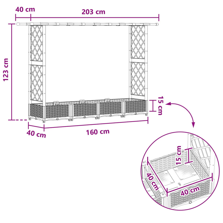 Verhoogd Bed met Trellis en Dak Bruin 203 x 40 x 123 cm PP