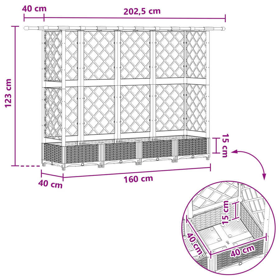 Verhoogd Bed met Trellis en Dak Bruin 202,5 x 40 x 123 cm PP
