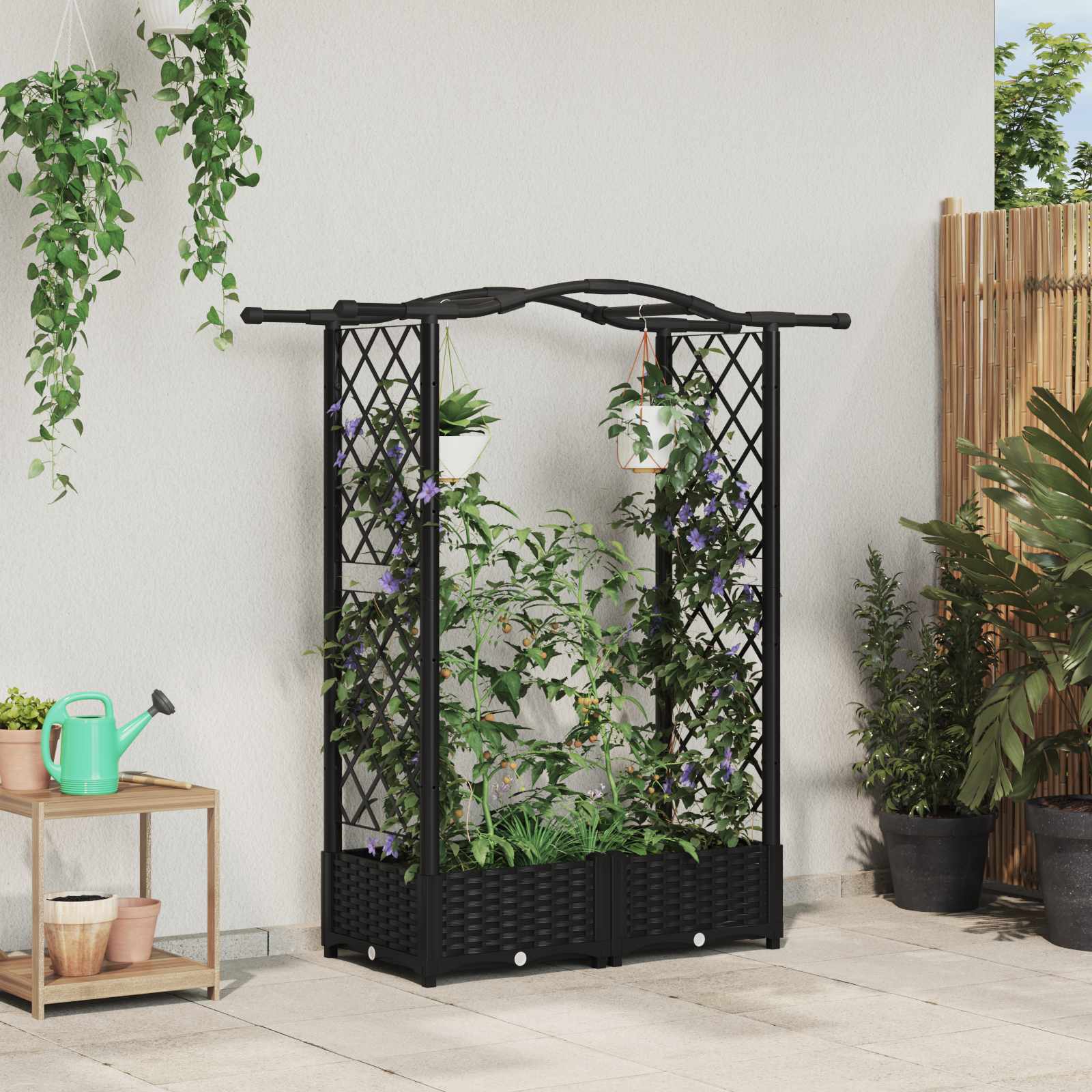Verhoogd Bed met Trellis en Dak Zwart 124 x 40 x 125 cm PP