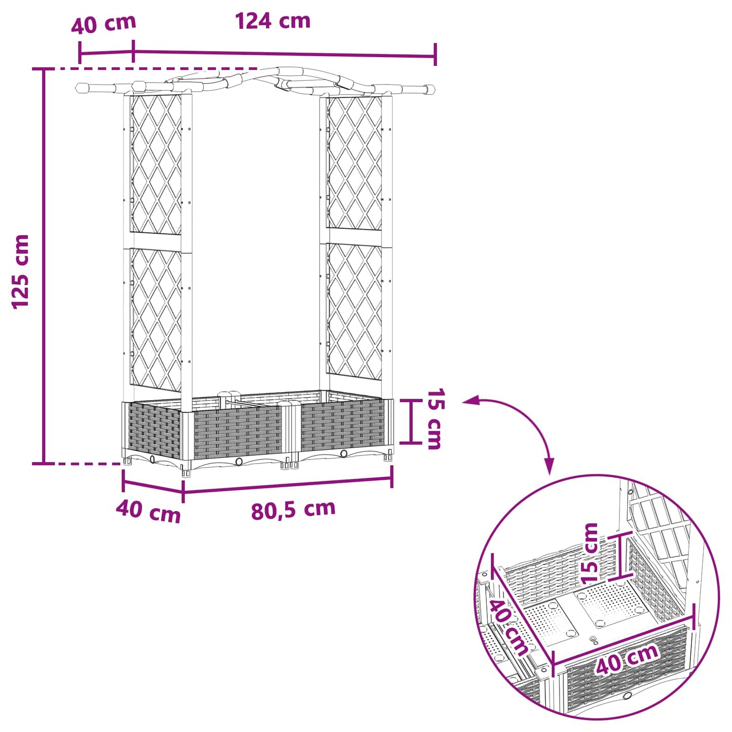 Verhoogd Bed met Trellis en Dak Zwart 124 x 40 x 125 cm PP