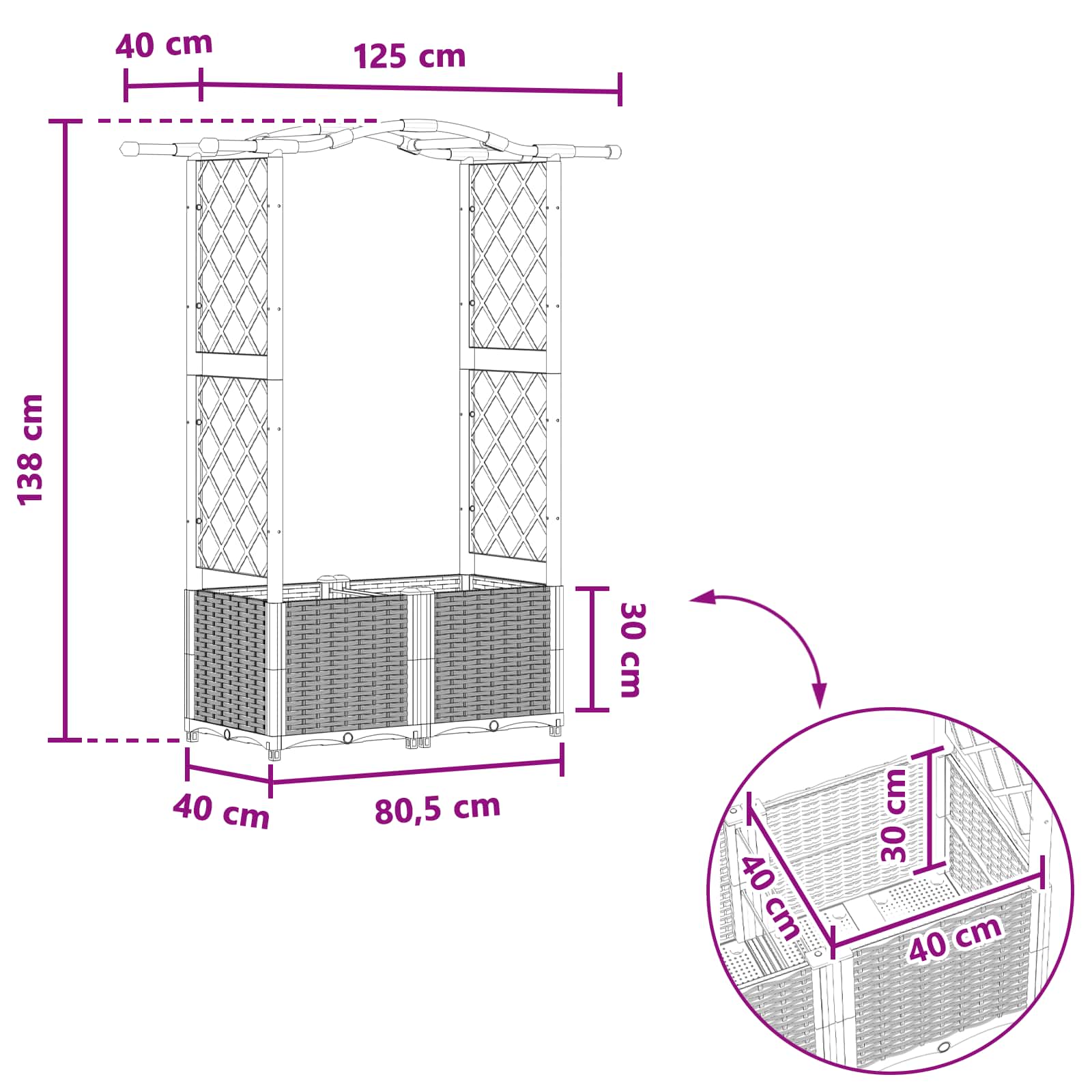 Verhoogd Bed met Trellis en Dak Zwart 125 x 40 x 138 cm PP