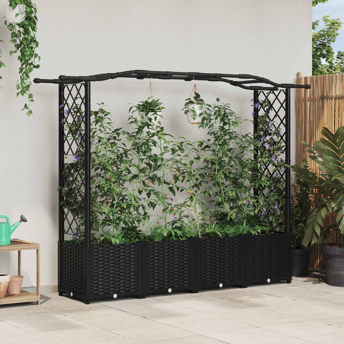 Verhoogd Bed met Trellis en Dak Zwart 204 x 40 x 141 cm PP