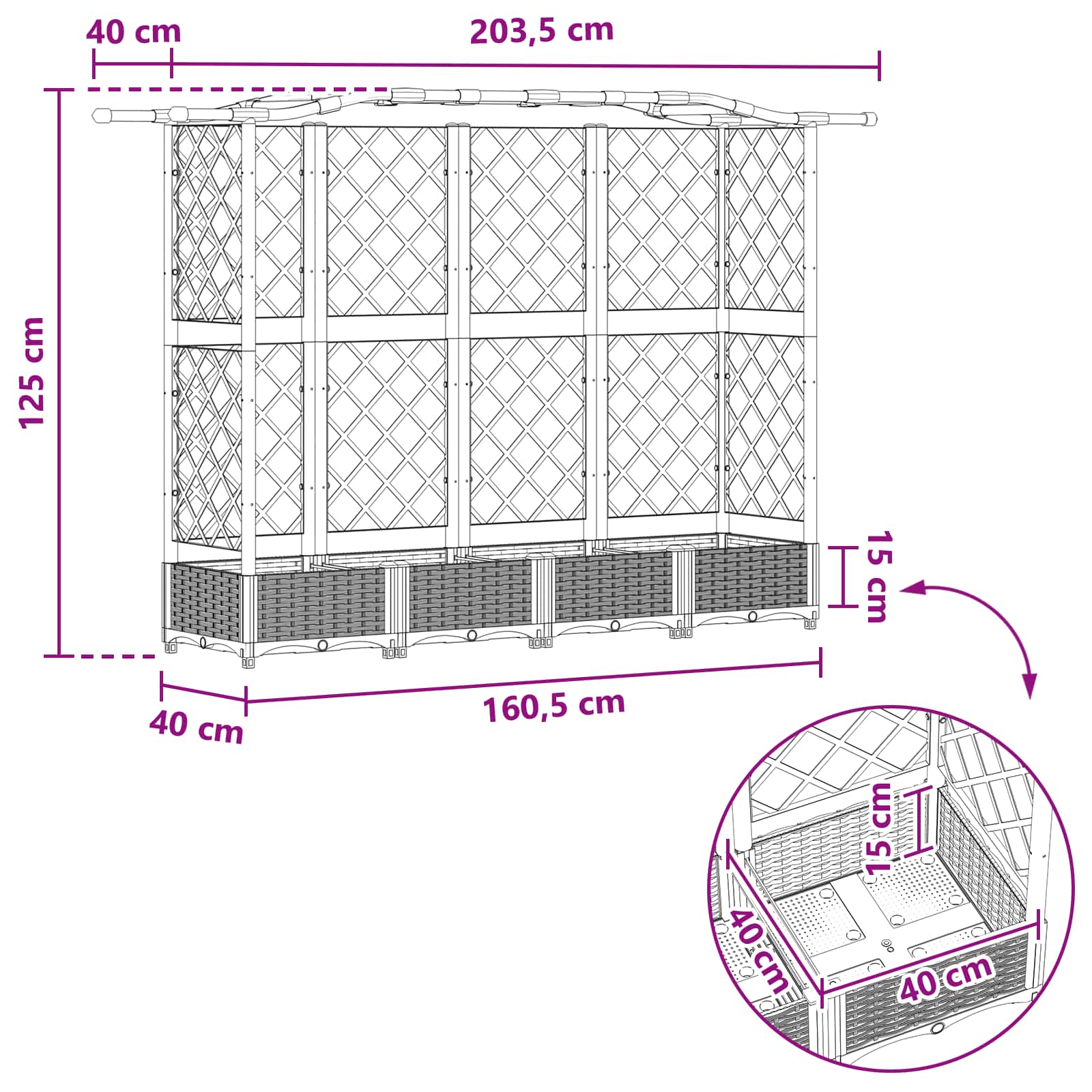 Verhoogd Bed met Trellis en Dak Zwart 203,5 x 40 x 125 cm PP