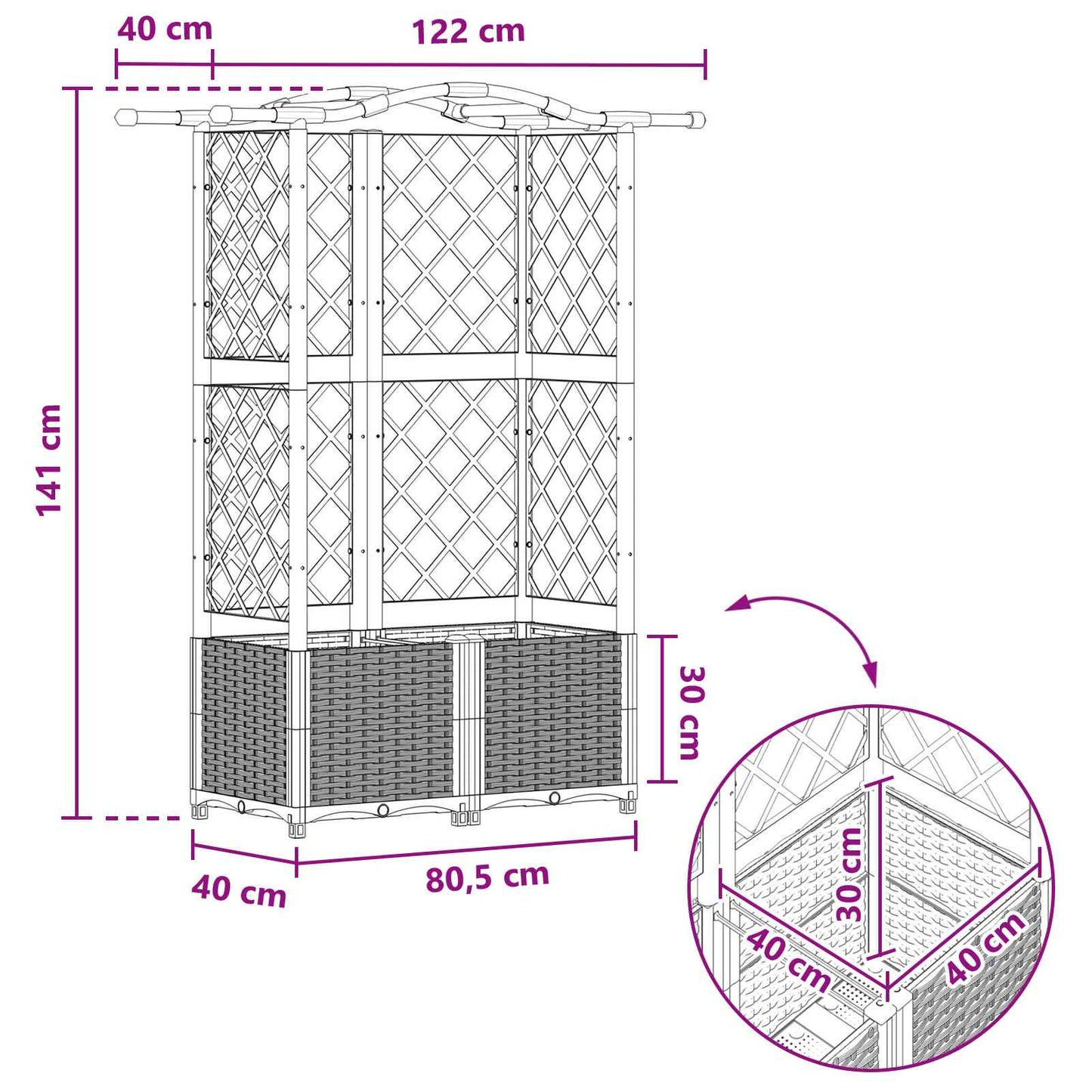 Verhoogd Bed met Trellis en Dak Zwart 122 x 40 x 141 cm PP