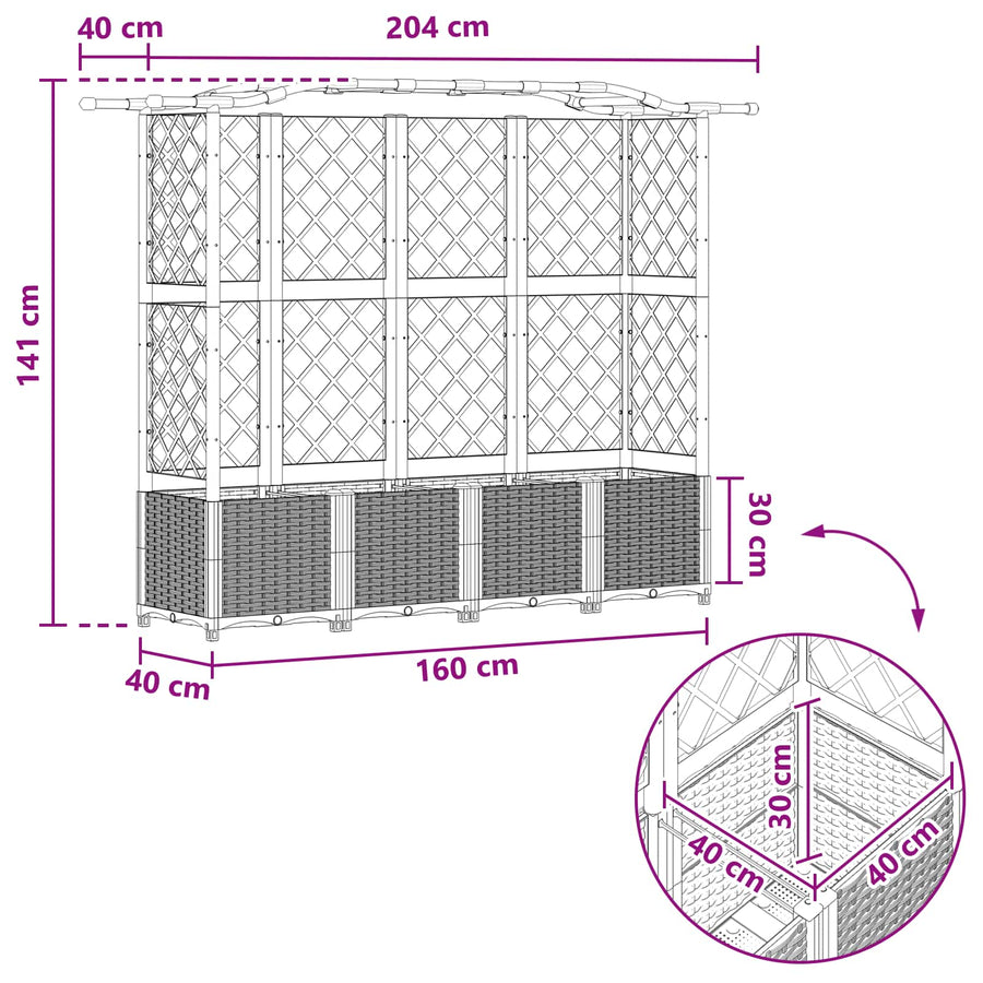 Verhoogd Bed met Trellis en Dak Zwart 204 x 40 x 141 cm PP