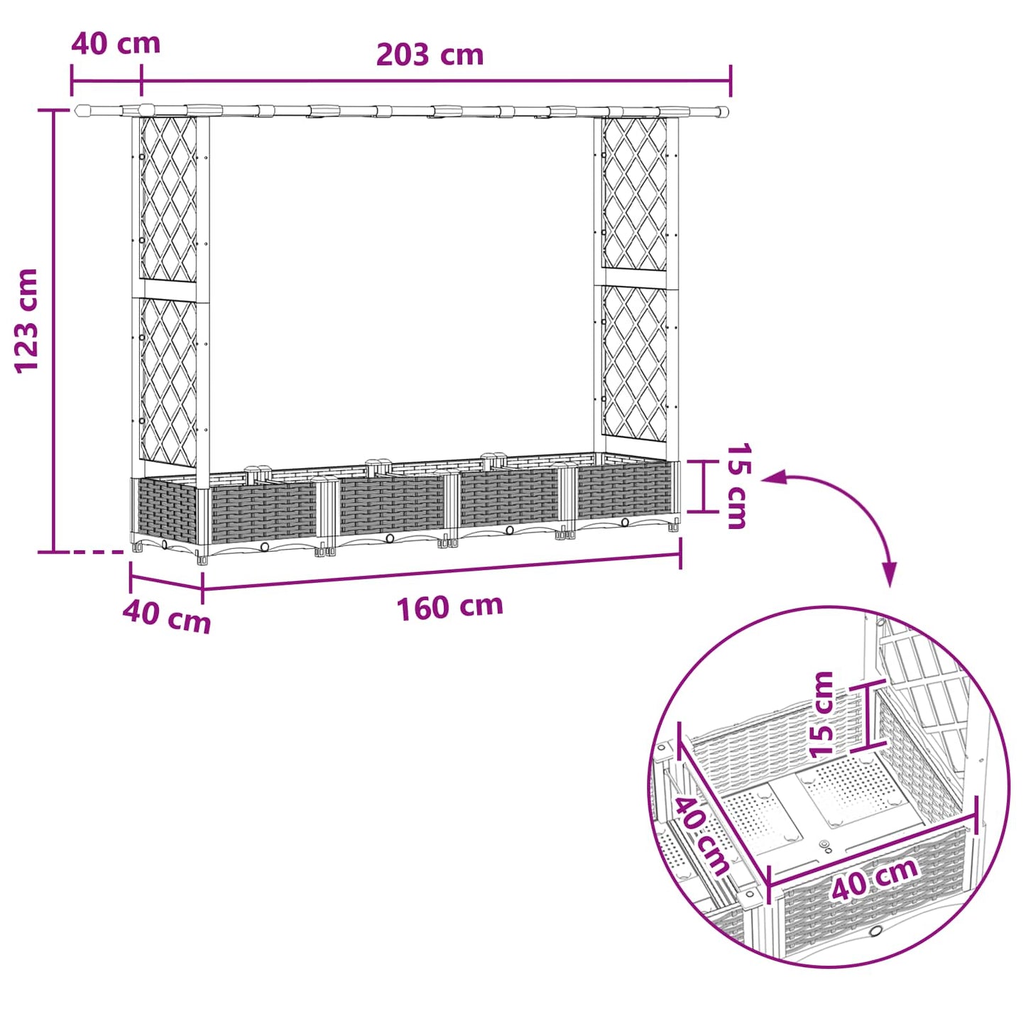 Verhoogd Bed met Trellis en Dak Zwart 203 x 40 x 123 cm PP