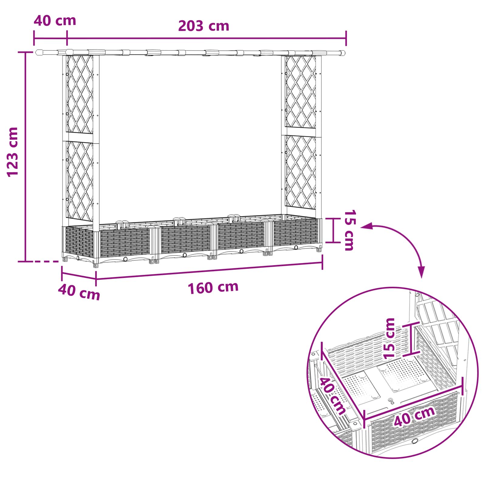 Verhoogd Bed met Trellis en Dak Zwart 203 x 40 x 123 cm PP