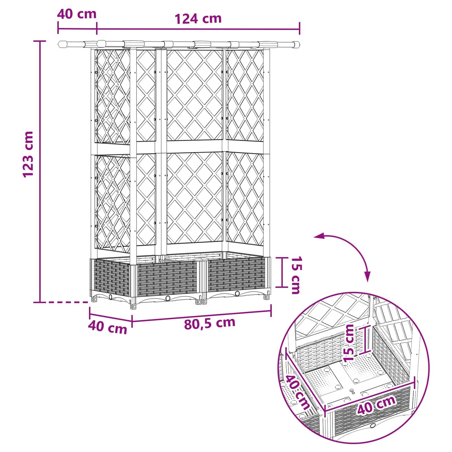 Verhoogd Bed met Trellis en Dak Zwart 124 x 40 x 123 cm PP