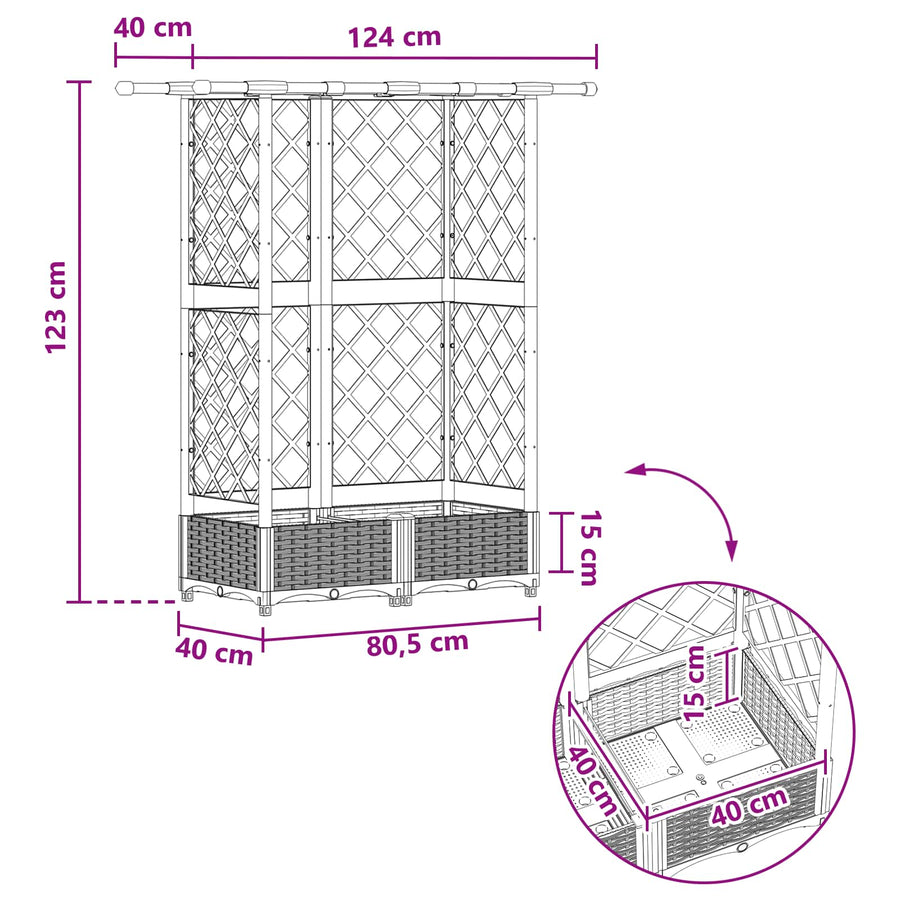 Verhoogd Bed met Trellis en Dak Zwart 124 x 40 x 123 cm PP