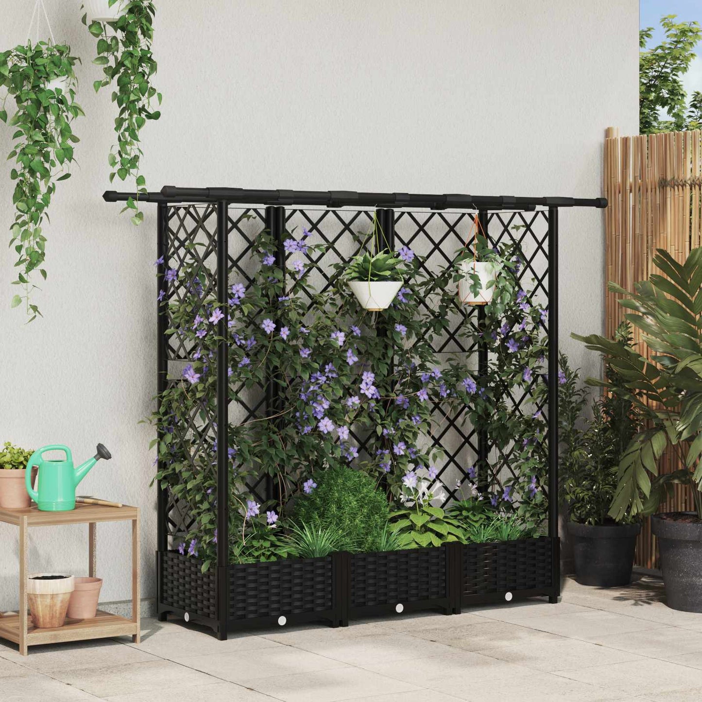 Verhoogd Bed met Trellis en Dak Zwart 164 x 40 x 123 cm PP