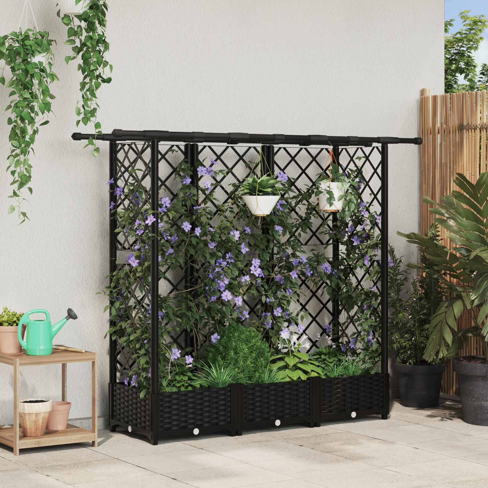 Verhoogd Bed met Trellis en Dak Zwart 164 x 40 x 123 cm PP