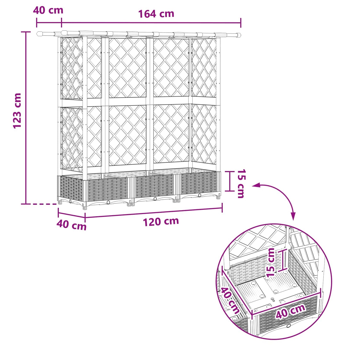 Verhoogd Bed met Trellis en Dak Zwart 164 x 40 x 123 cm PP