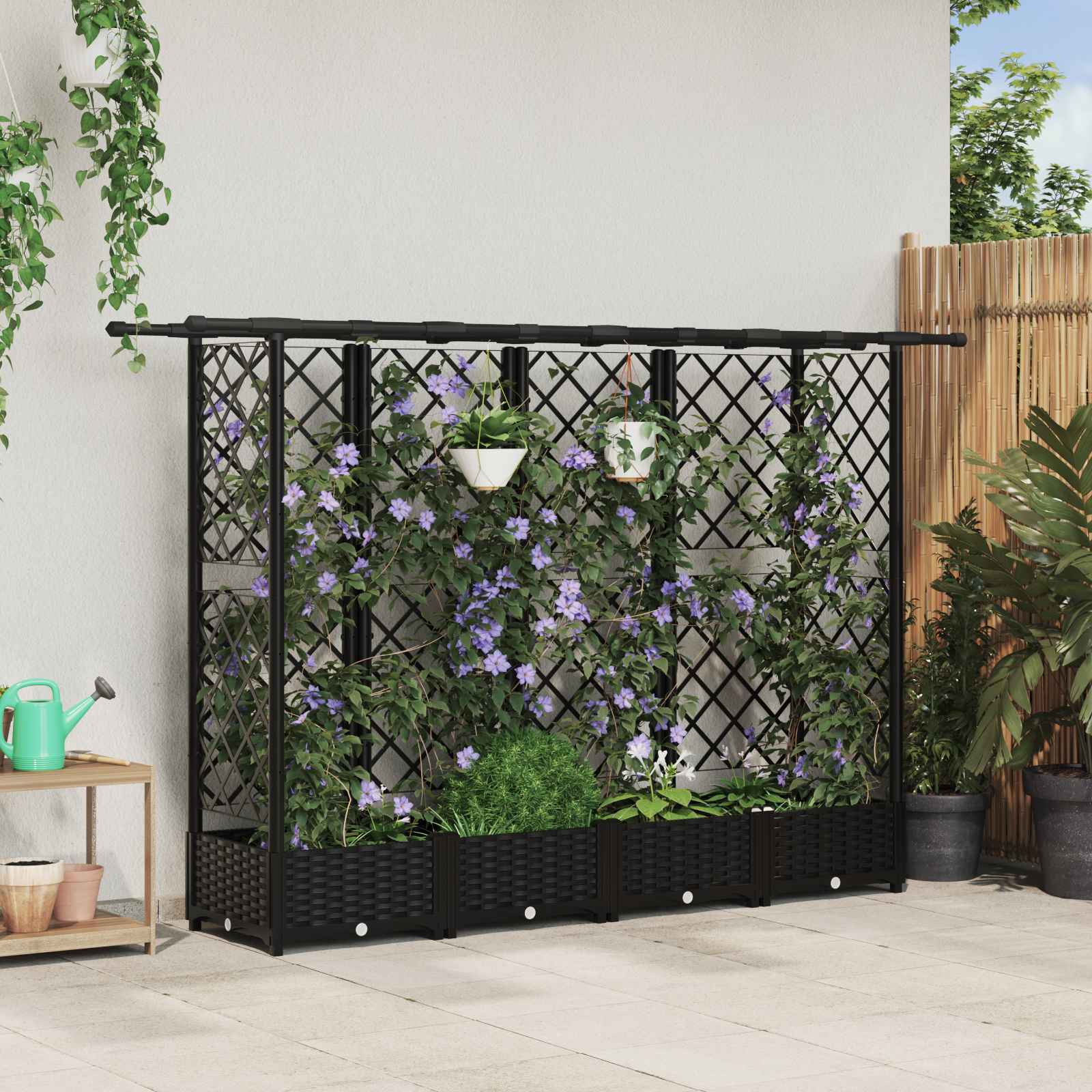 Verhoogd Bed met Trellis en Dak Zwart 202,5 x 40 x 123 cm PP