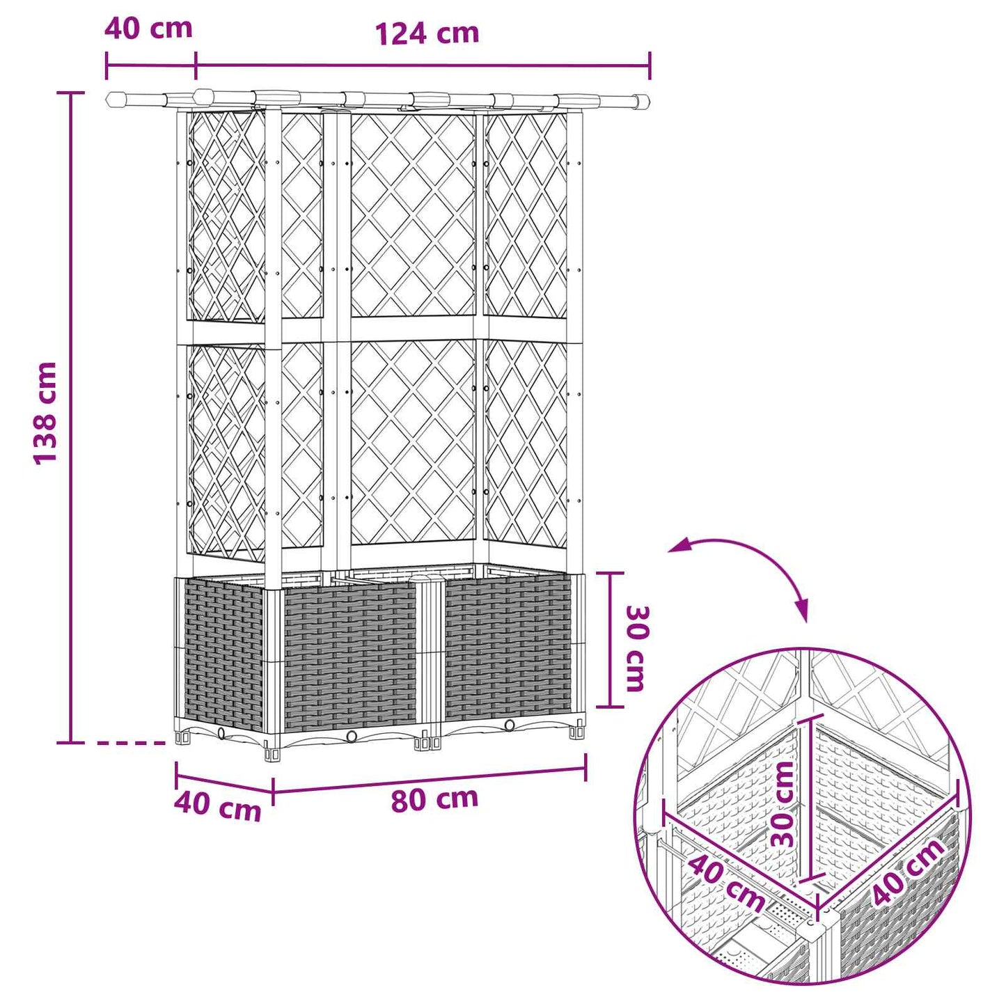 Verhoogd Bed met Trellis en Dak Zwart 124 x 40 x 138 cm PP