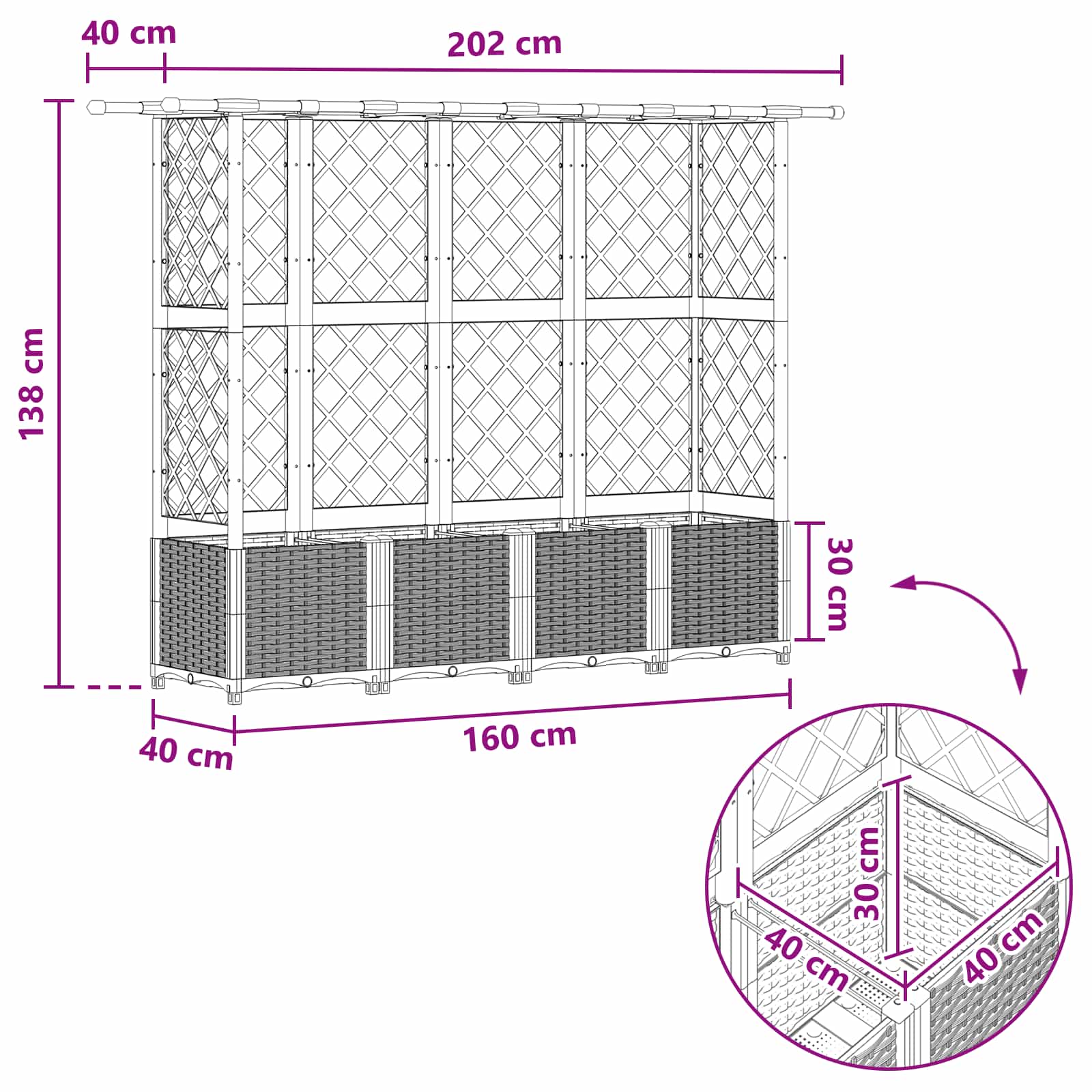 Verhoogd Bed met Trellis en Dak Zwart 202 x 40 x 138 cm PP