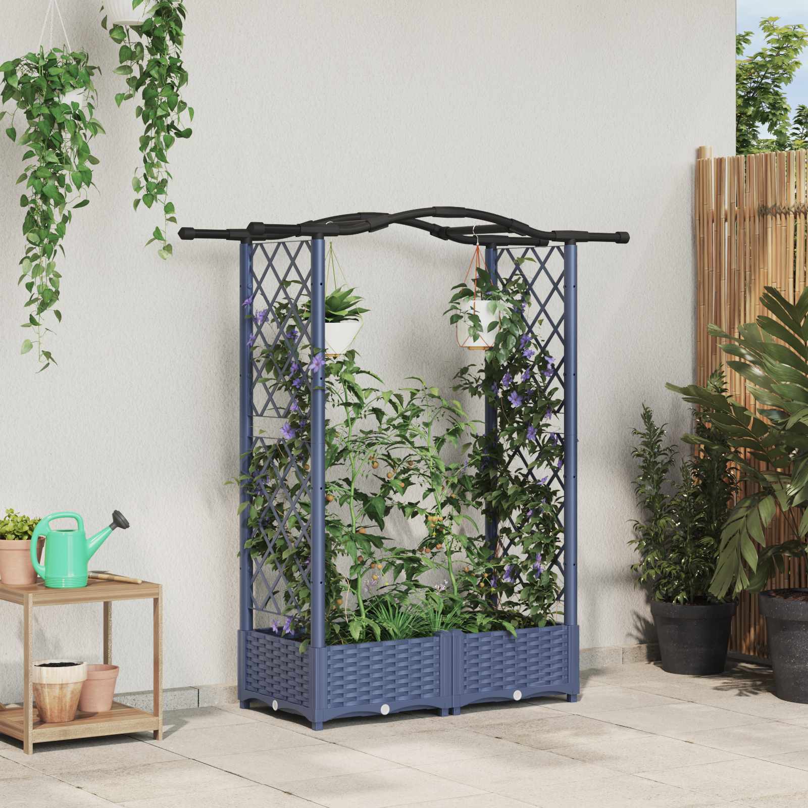 Verhoogd Bed met Trellis en Dak Grijs 124 x 40 x 125 cm PP
