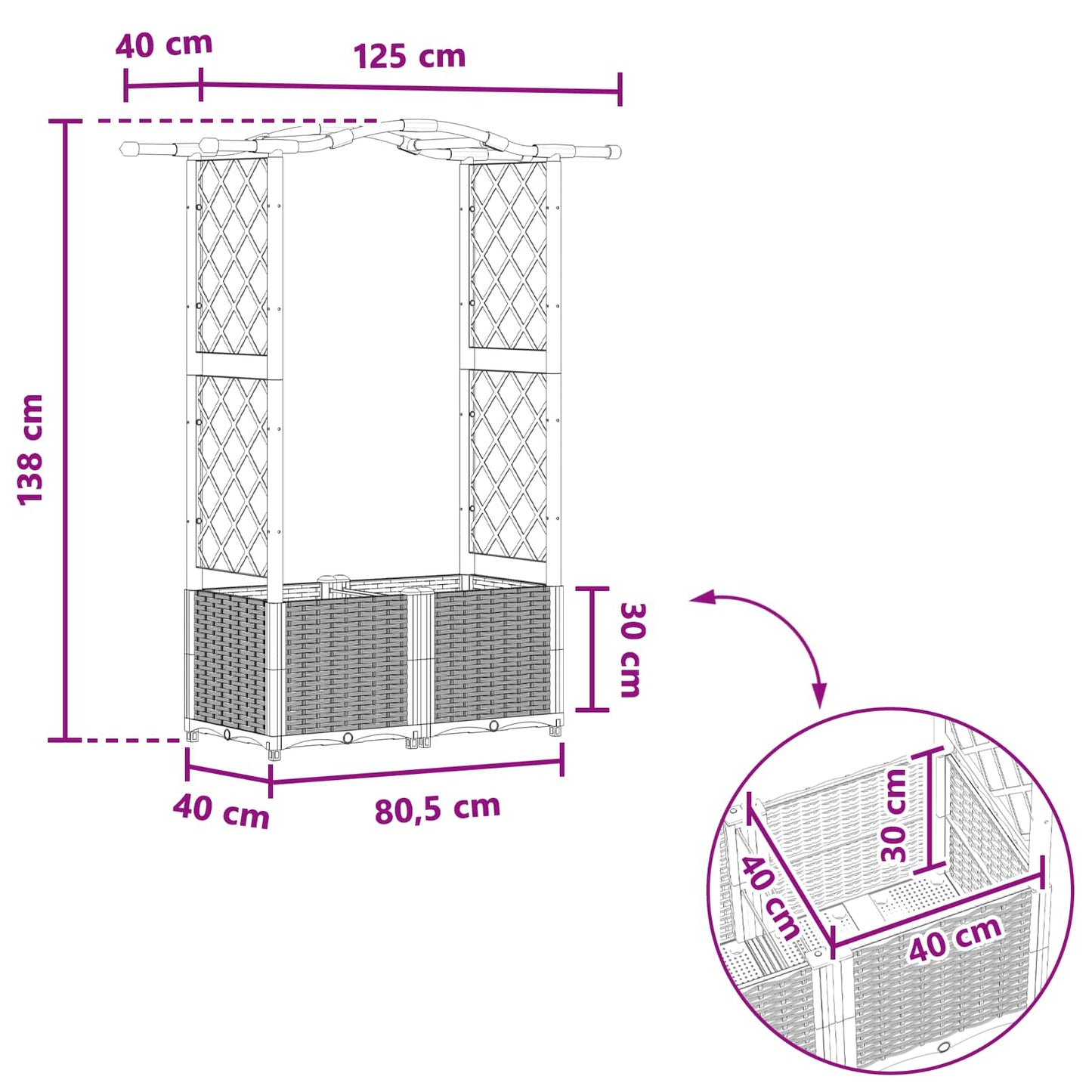 Verhoogd Bed met Trellis en Dak Grijs 125 x 40 x 138 cm PP