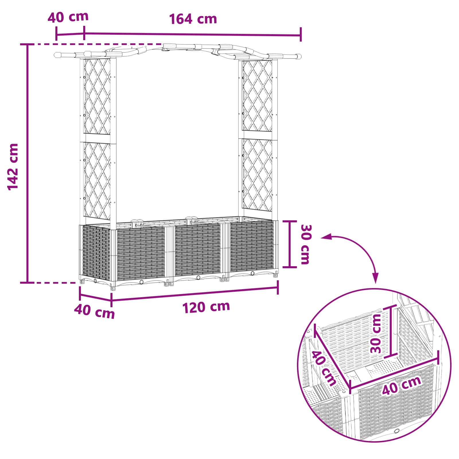 Verhoogd Bed met Trellis en Dak Grijs 164 x 40 x 142 cm PP