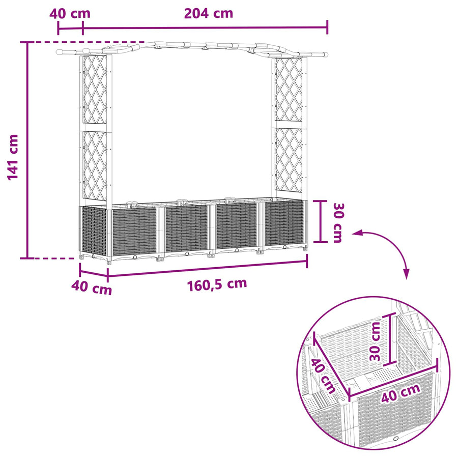 Verhoogd Bed met Trellis en Dak Grijs 204 x 40 x 141 cm PP