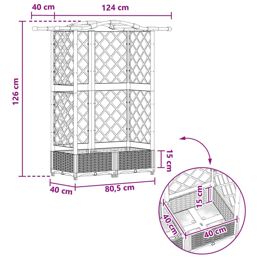 Verhoogd Bed met Trellis en Dak Grijs 124 x 40 x 126 cm PP