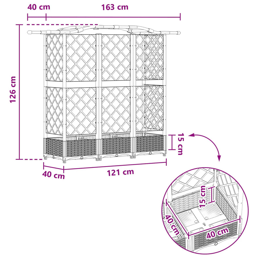 Verhoogd Bed met Trellis en Dak Grijs 163 x 40 x 126 cm PP