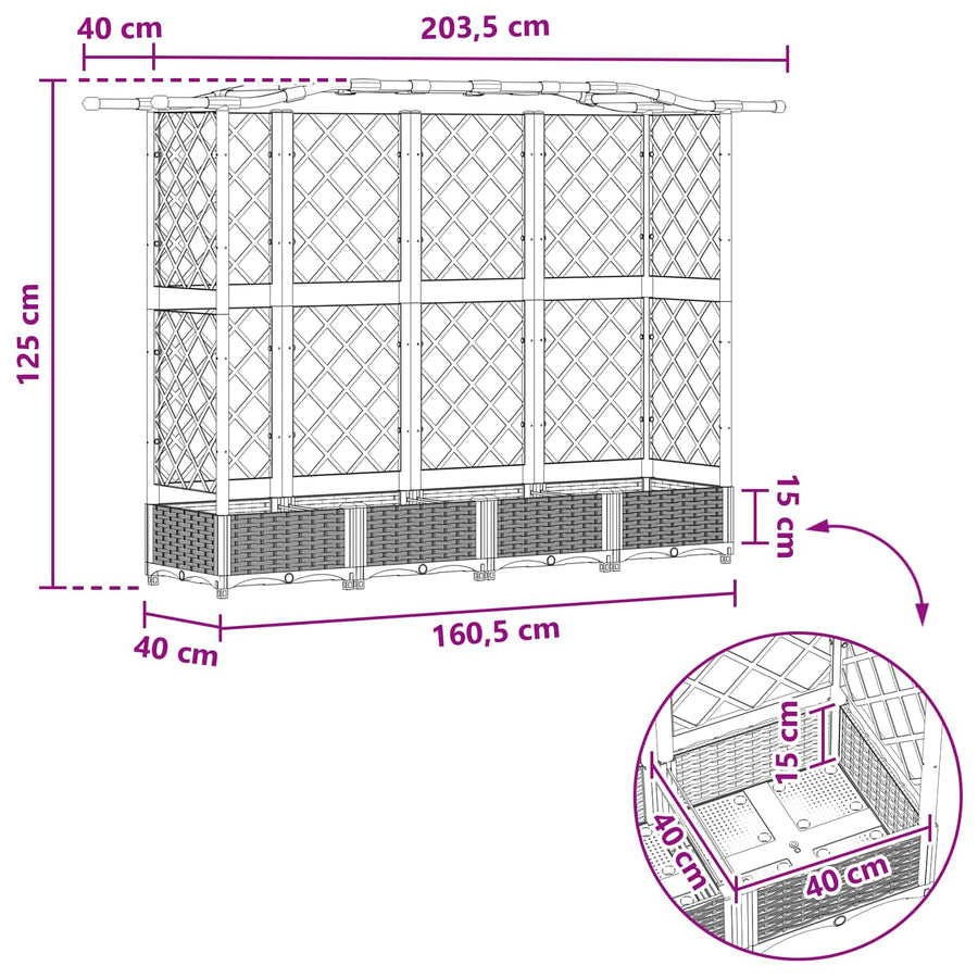 Verhoogd Bed met Trellis en Dak Grijs 203,5 x 40 x 125 cm PP
