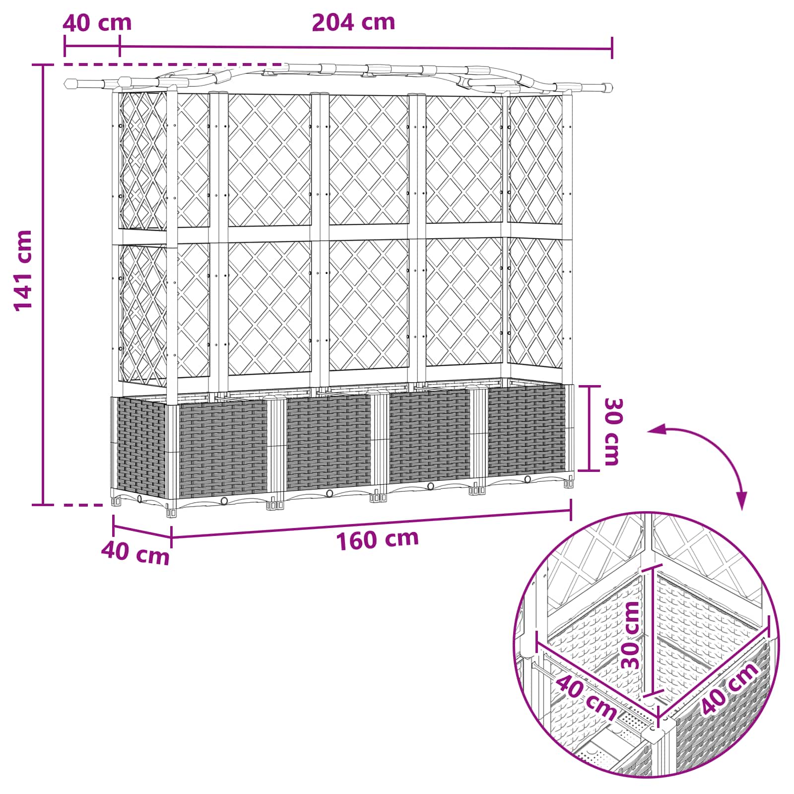Verhoogd Bed met Trellis en Dak Grijs 204 x 40 x 141 cm PP