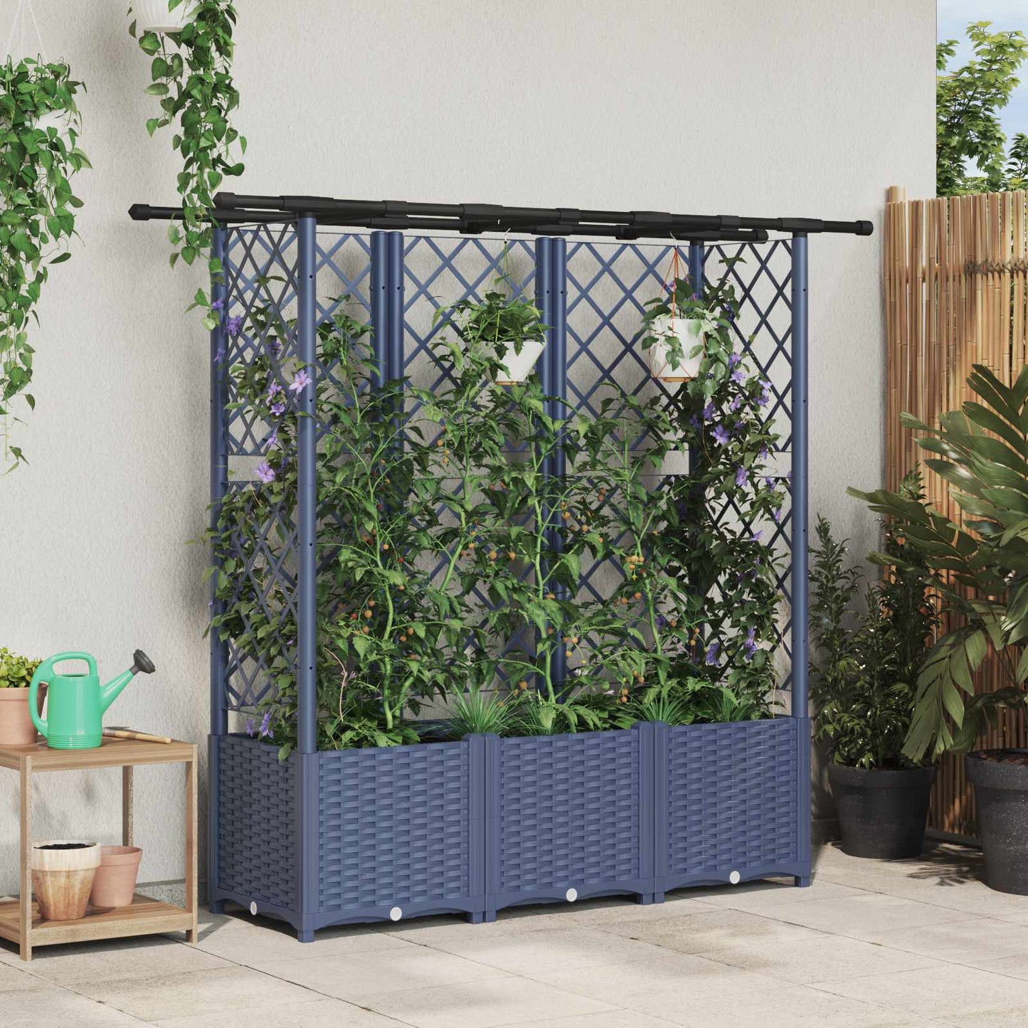 Verhoogd Bed met Trellis en Dak Grijs 162,5 x 40 x 138 cm PP