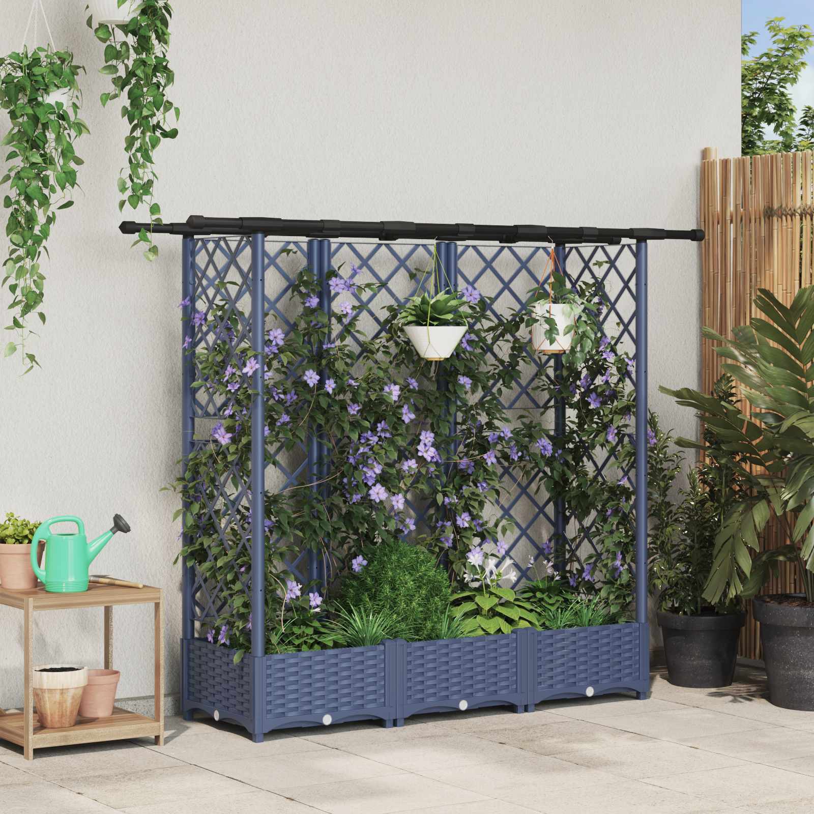 Verhoogd Bed met Trellis en Dak Grijs 164 x 40 x 123 cm PP